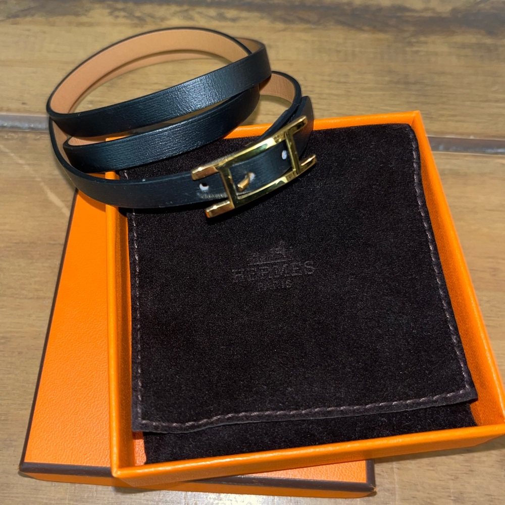 🧡HERMES Behapi Double Tour black leather belt bracelt with gold hardware - Picture 8 of 12